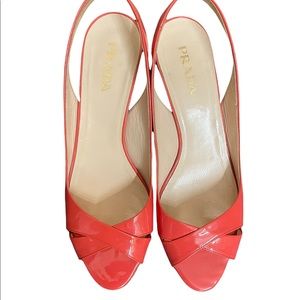 Prada peep toe patent leather slim back orange heels size 39(9) USA
